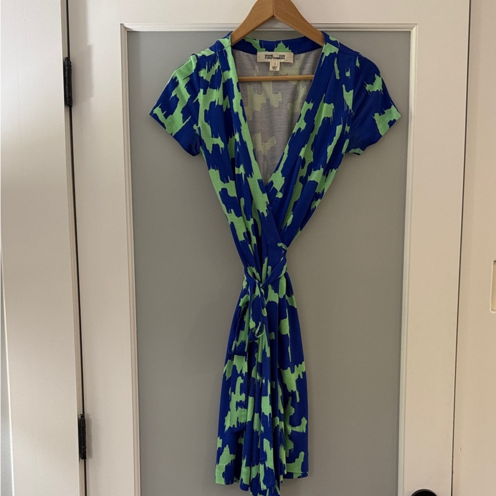 Diane Von Furstenberg Blue and Green Patterned Silk Wrap Dress